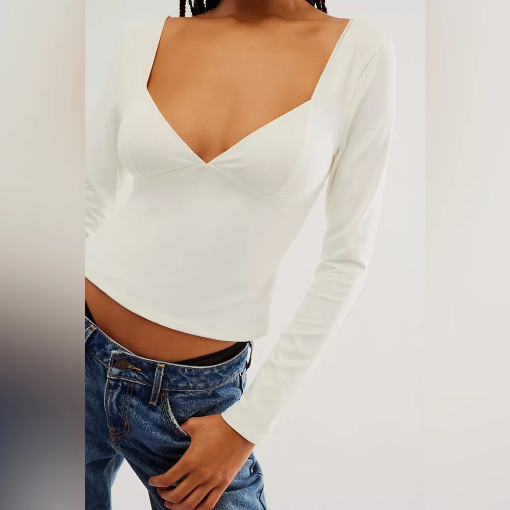 Free People Duo Corset Long Sleeve Ivory Crop Top Sz Large NWT